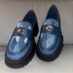 Coach Leah Loafers Lug Sole Denim Patchwork Logo Detail Chunk Platform Size 7